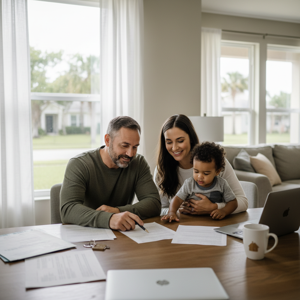 Veteran homebuyers reviewing VA loan closing costs with a mortgage professional