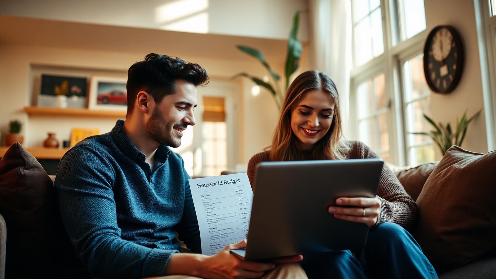 VA home affordability calculator Couple reviewing their household budget on a laptop to see how much house they can afford