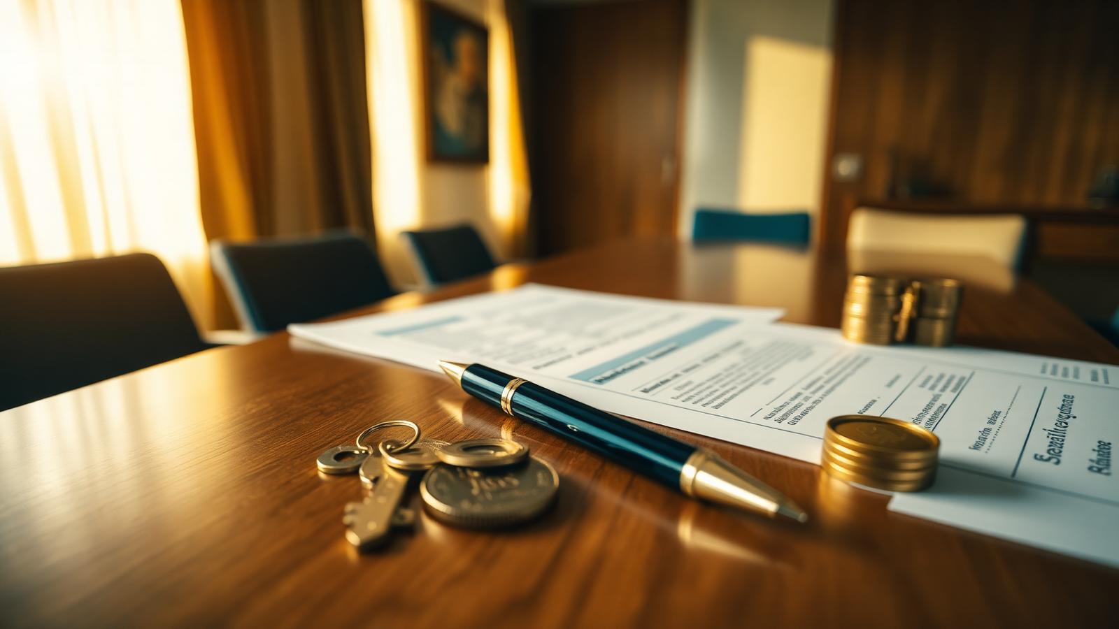 VA closing costs explained Closing table with settlement paperwork, a pen, house keys and stacked coins