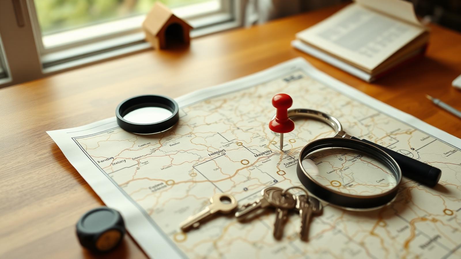 VA loan limit lookup by county County map with a location pin and magnifying glass beside a set of house keys