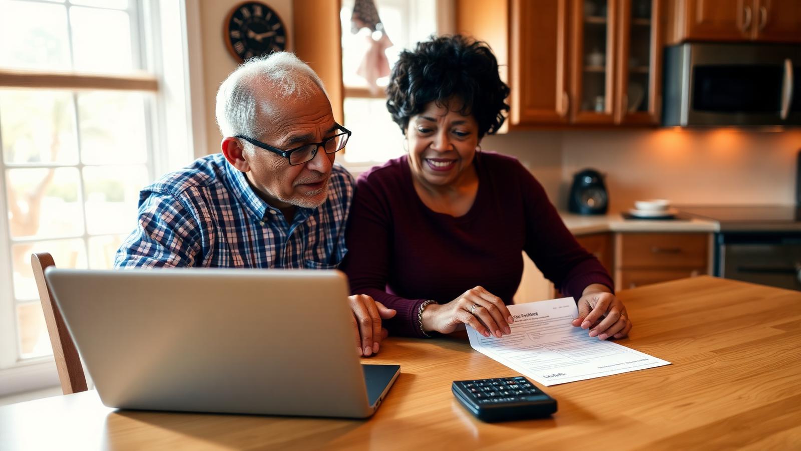 VA entitlement calculator Veteran couple at their kitchen table reviewing a Certificate of Eligibility beside a laptop and calculator
