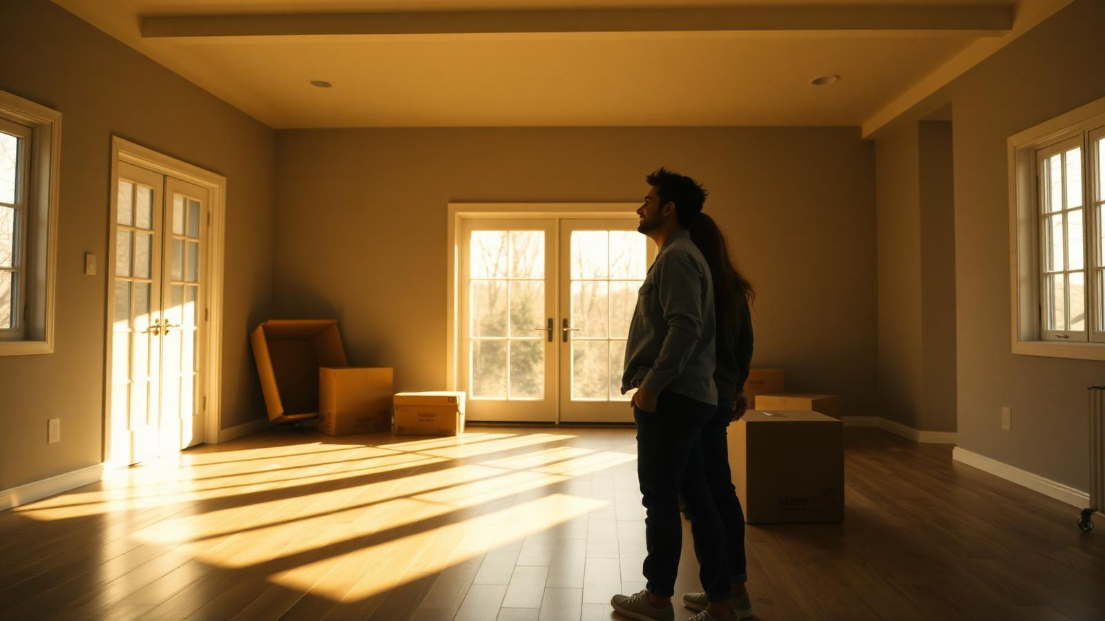 VA loans for first-time home buyers First-time buyers standing in the empty sunlit living room of their newly purchased home