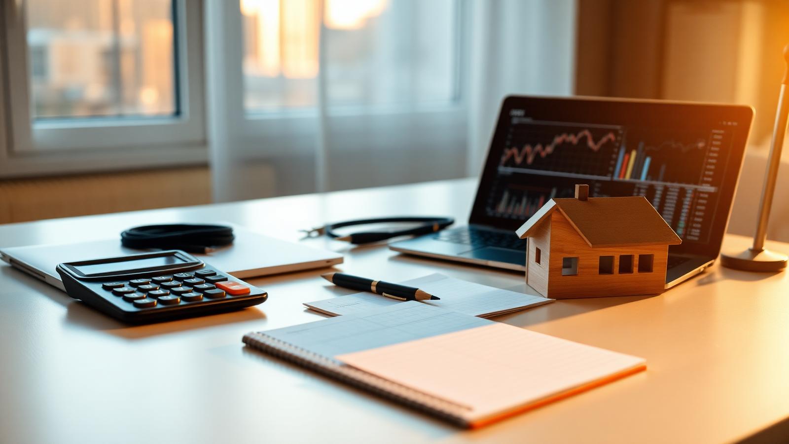Free VA mortgage calculators Desk with a calculator, notepad and model house used to estimate VA mortgage payments
